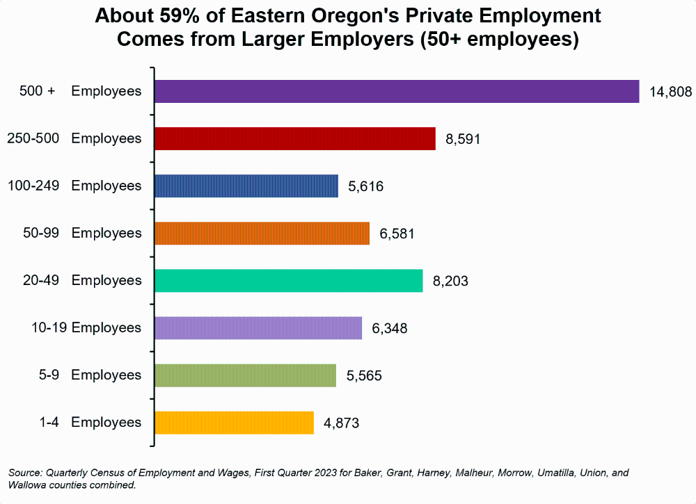 Graph showing About 59% of Eastern Oregon's Private Employment Comes from Larger Employers (50+ employees)
