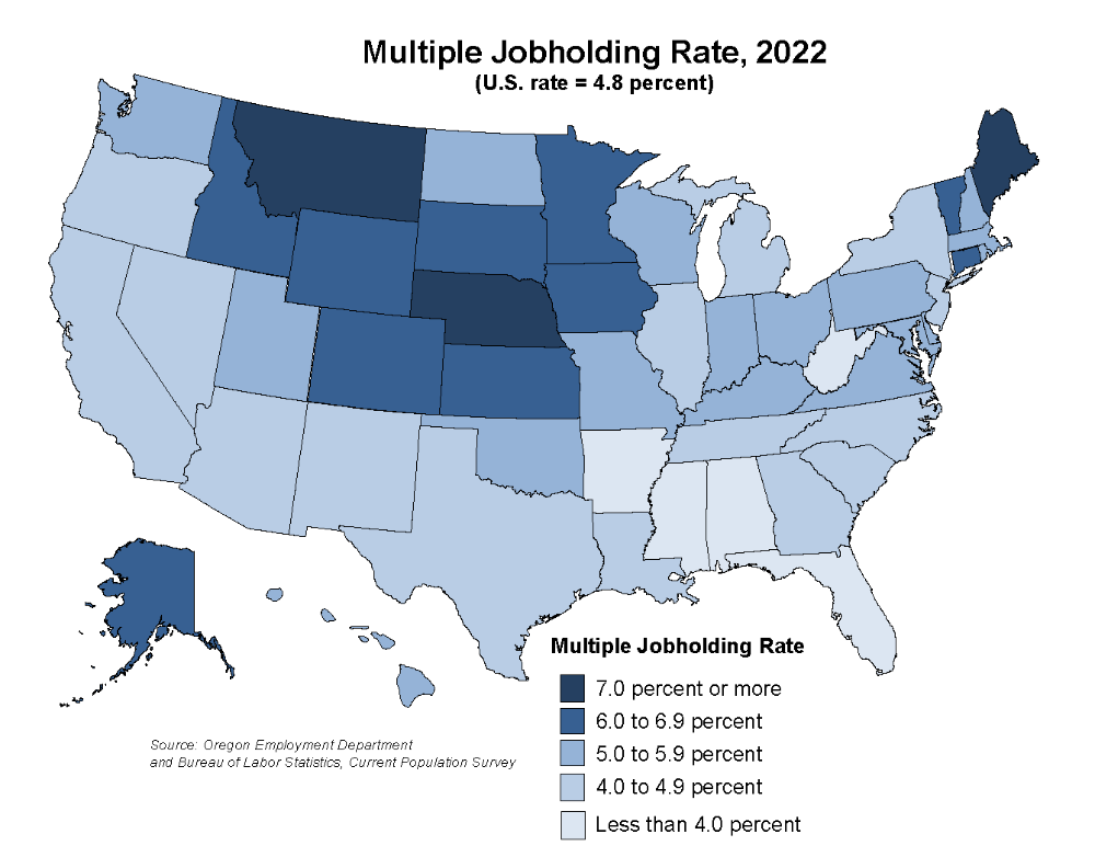 Figure showing multiple jobholding rate, 2022 (U.S. rate = 4.8%)