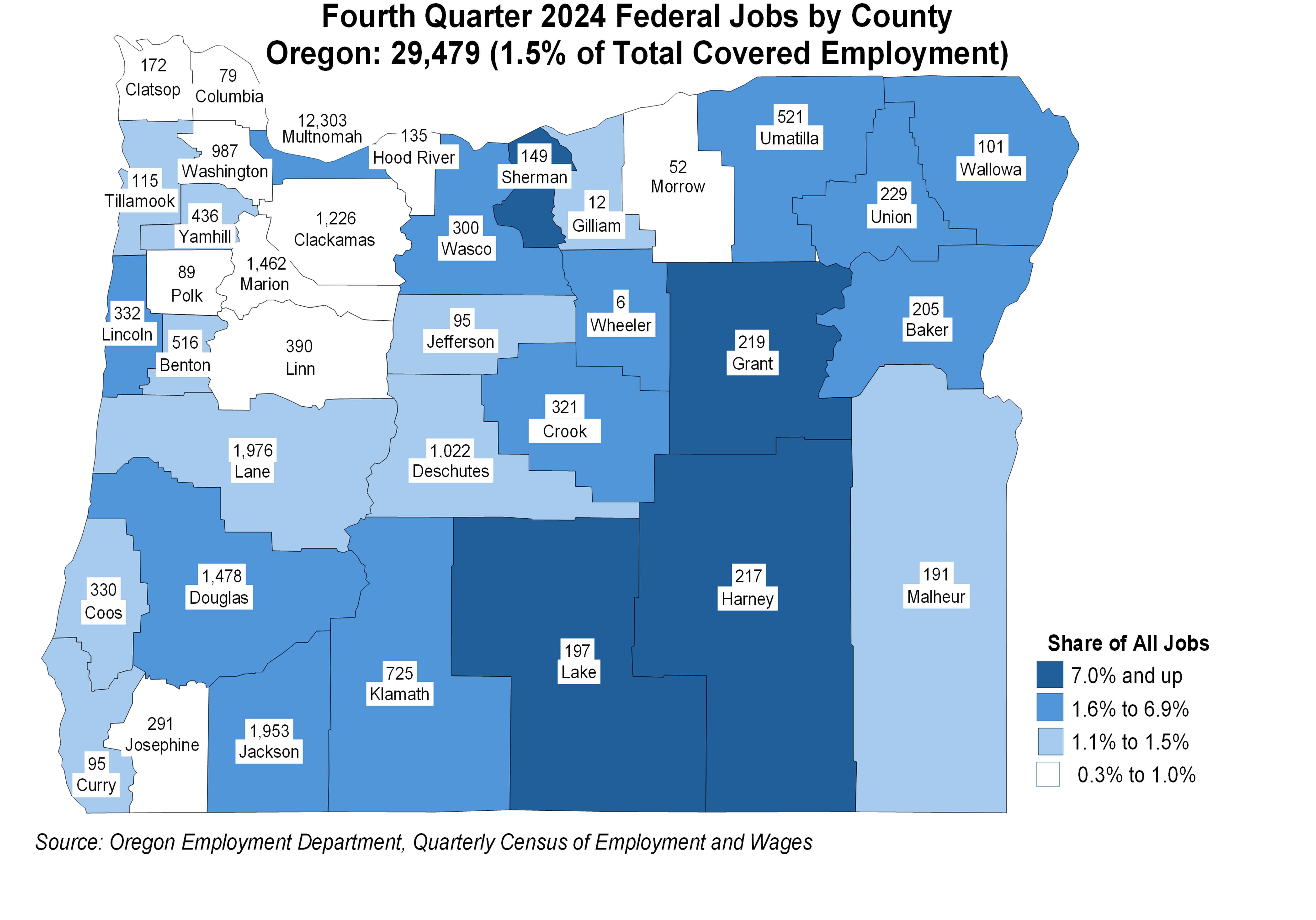 Map showing Fourth Quarter 2024 Federal Jobs by County Oregon: 29,479 (1.5% of Total Covered Employment)
